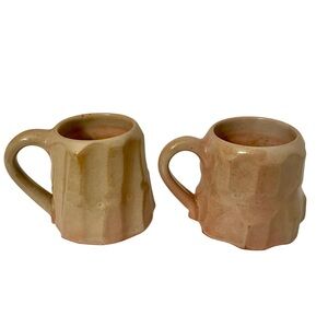 Studio Pottery Signed Coffee Mugs Glossy Glaze Light Brown Textured MCM